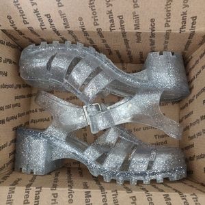 Jelly Sandals- Clear, Silver Glitter